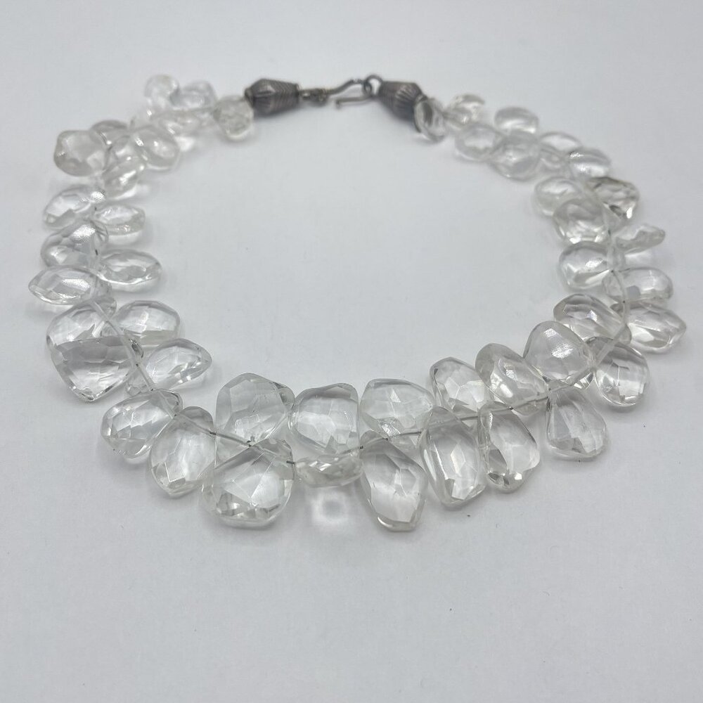 Vintage Faceted Clear Crystal Quartez Bead Necklace With Silver-Tone Clasp